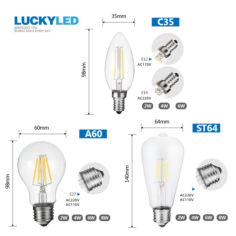 Светодиодная лампа E27 с регулируемой яркостью 220V 240V 2W 4W 6W 8W Ретро E14 светодиодный