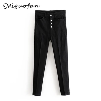 

Miguofan Black Jeans High Waist Trousers Fashion Buttons Denim Cargo Pants Women vaqueros mujer Elegant Long Ladies Streetwear