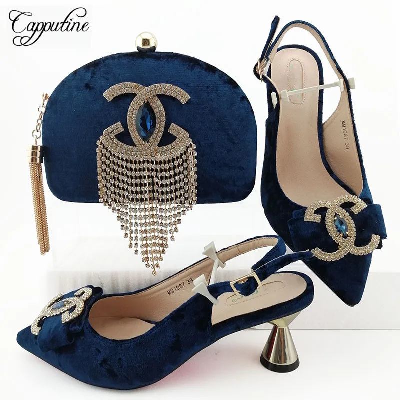 

Latest dark blue pointed toe pump shoes and bag sets nice matching for lady dress MM1087 heel height 7cm free shipping