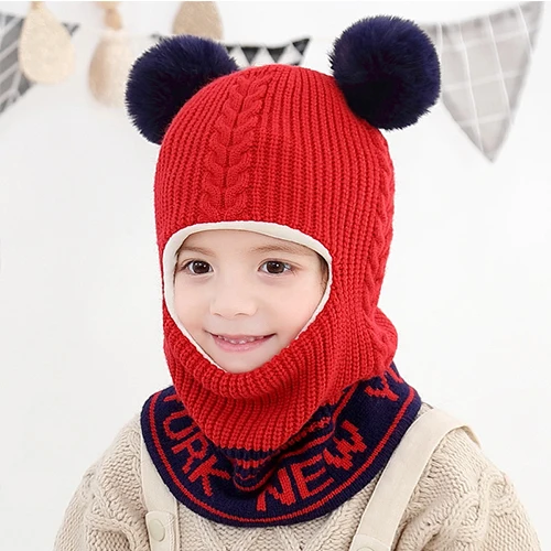 Зимняя детская шапочка с помпоном для девочки и шапка для маленьких мальчиков шарф маска HT19029 - Цвет: red