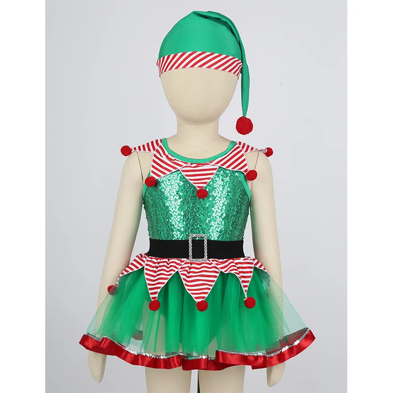 ChicTry/Детский Рождественский праздничный эльфийский костюм с блестками, полосатая сетчатая танцевальная пачка, платье, шляпа, комплект для девочек, одежда для сцены