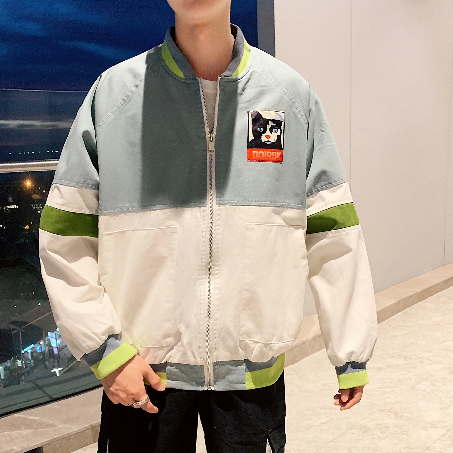 

2019 Autumn And Winter Men's New Casual Contrast Color Letter Pattern Printing Stand Collar Jacket Loose Temperament Cotton