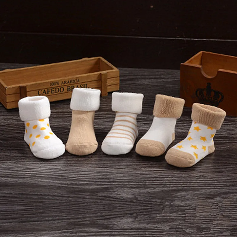 5 пар/компл. для новорожденных хлопковые носки зима-осень для маленьких мальчиков и девочек, детские носки в полоску для новорожденных махровые теплые Шлепанцы из хлопчатобумажной ткани детские носки - Цвет: Khaki