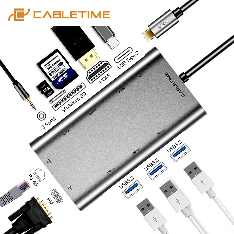  CABLETIME USB C HUB HDMI RJ45 USB3.0 Adapter 10 in 1 Type C HUB VGA SD Card Reader Type C Power Del