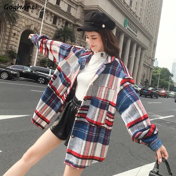 

Wool Women Winter Mid-long Length Purple Plaid Student Harajuku Single Breasted Pockets Womens Outwear Korean Style Females Coat