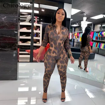 

Chicology leopard see though mesh long sleeve jumpsuit trousers women sexy clothes 2019 autumn winter female streetwear