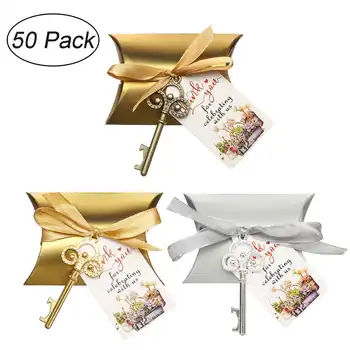 

50Pcs Wedding Candy Souvenir Gift Set Pillow Candy Box Vintage Skeleton Key Opener French Ribbon