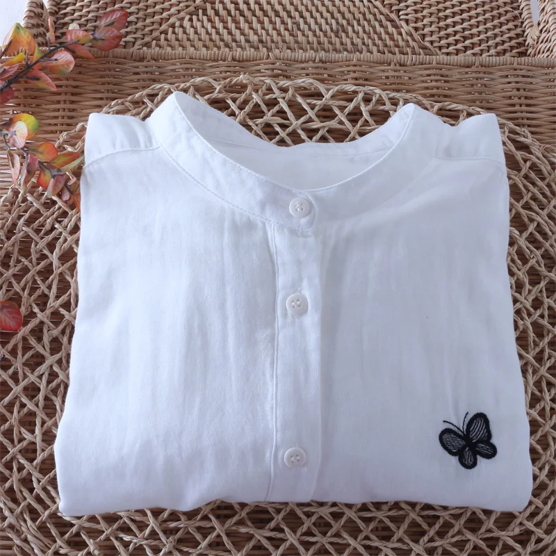 

Butterfly delicate embroidery stand collar long sleeve white cotton yarn shirt mori girl blouse