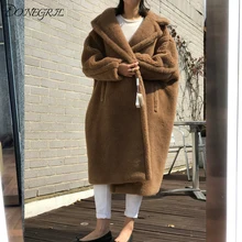 Зимние женские пальто из искусственного меха ягненка высокого качества с отложным воротником, длинное плотное теплое пальто с мехом, верхняя одежда, большие размеры, уличная одежда