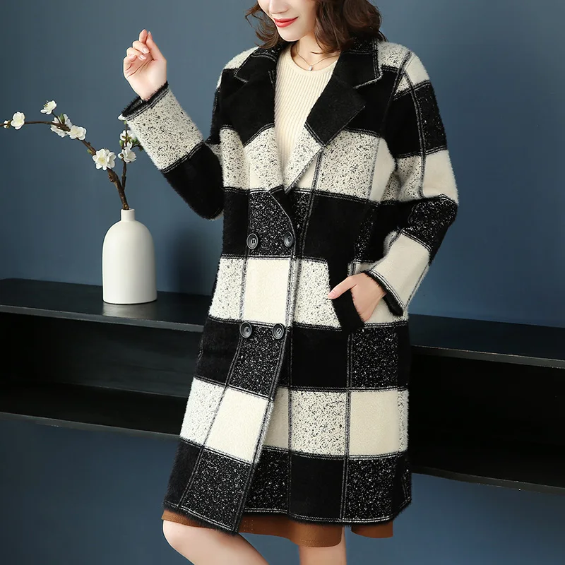 2XL Brand Coat Autumn Winter Women Coat New Classic Striped Lapel Coat Thicken Warm Loose Wild Casual Long Coat Female - Цвет: Черный