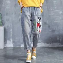 Весенние новые джинсовые штаны-шаровары, Ретро стиль, вышивка, свободные, большой размер, эластичный пояс, прямые женские штаны, S30160