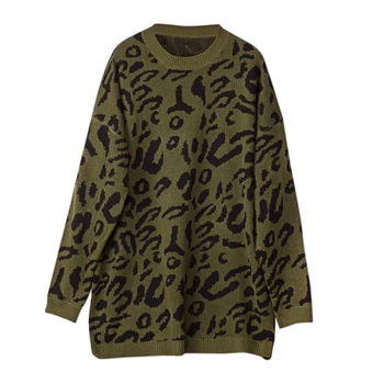 

Women Autumn And Winter Sweater Fashion New Round Neck Pullover Loose Bottoming Sweater Large Size Leopard Sweater