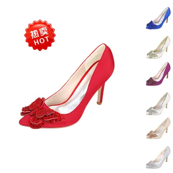 

Pointed Toe Women Pumps Wedding Party Thin Heel Shoes Flock 9.5CM Thin High heels Slip On Rhinestones Butterfly-knot Bling