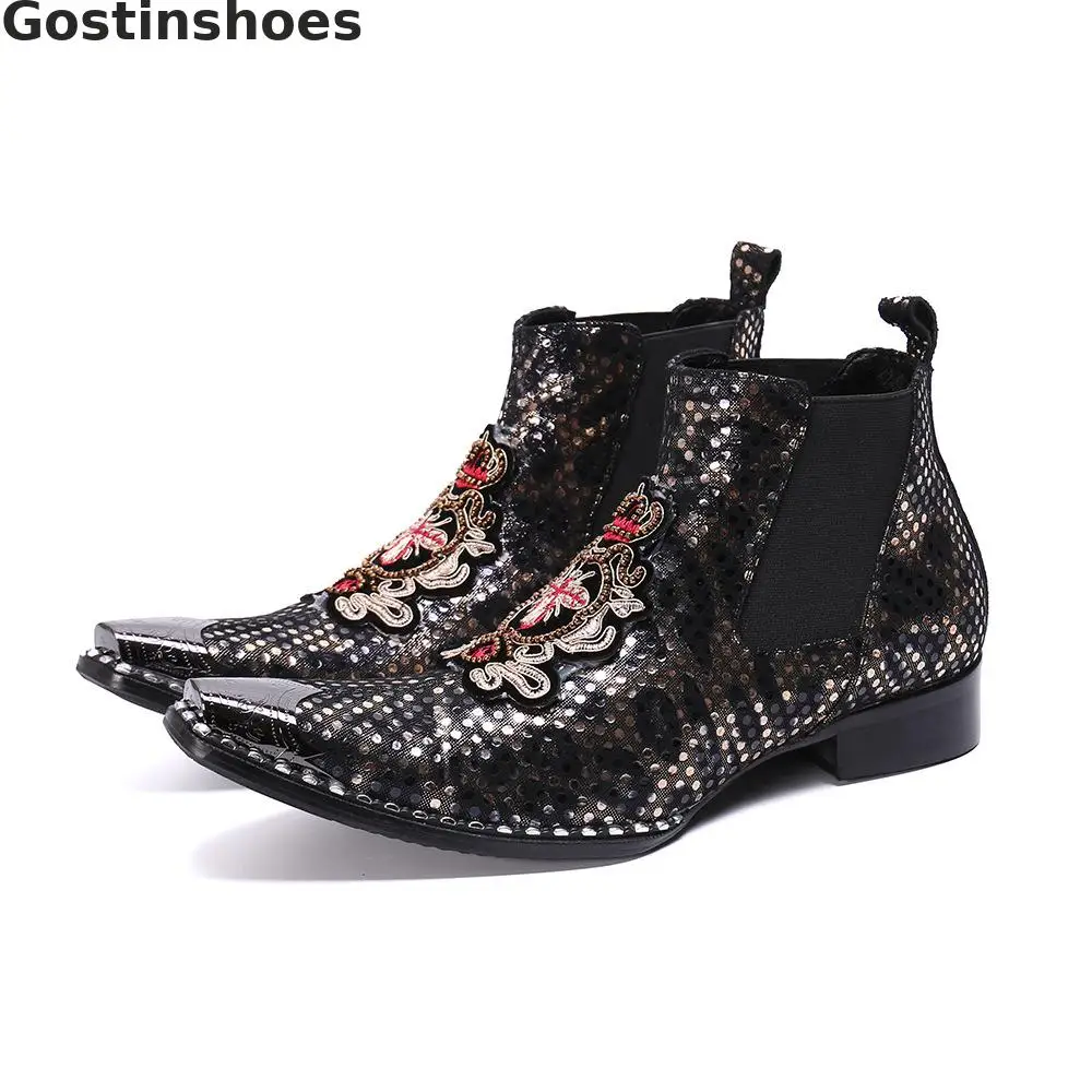 

Genuine Leather Men Boots Black Polka Dots Decoration Embroidered Men Leather Boots Metal Capped Toe Slip-on Ankle Boots Men