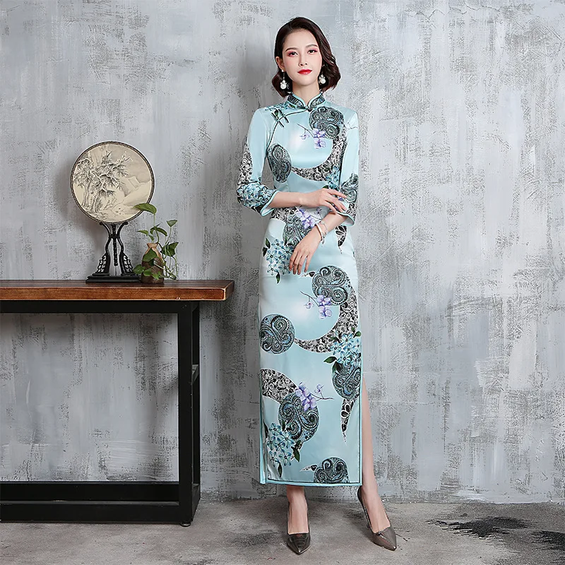 Большие размеры 4XL 5XL осень новое Винтажное с рукавом три четверти Cheongsam сексуальное женское официальное длинное платье с цветочным принтом из вискозы Qipao