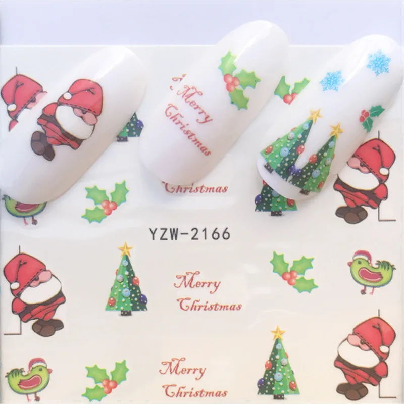 Новинка, Рождественская водная наклейка, наклейки для ногтей, новогодний слайдер, тату, полное покрытие, Санта Клаус, снеговик, дизайн, рождественские наклейки - Цвет: YZW-2166