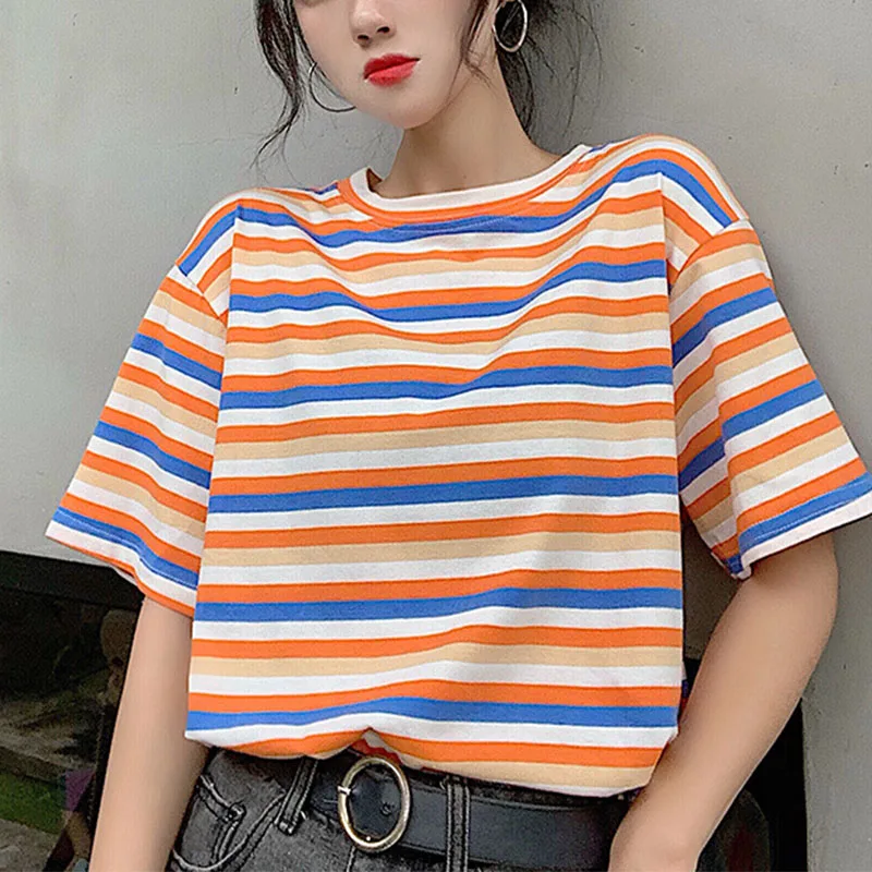 

Free shipped 2019 summer women's t-shirts Stripes with short sleeves Round collar leisure femme top women Hot style