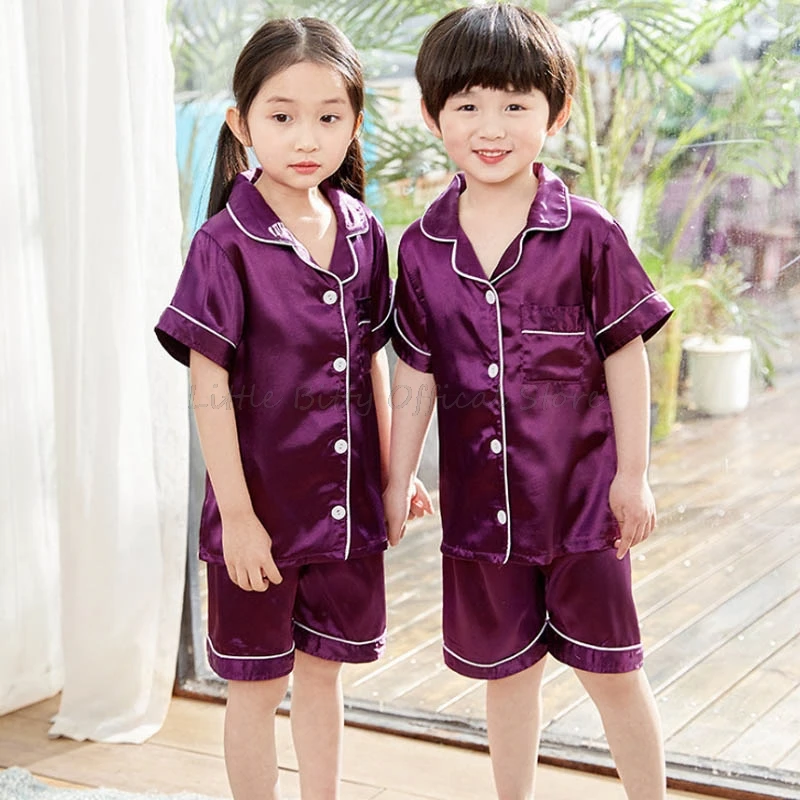 Cotton Pajamas Set Summer Short Sleeve Pink Satin Silk Pajama Sets Toddler Girls Clothing Sets Sleepwear Kids Girl Pijama for 2-14Years