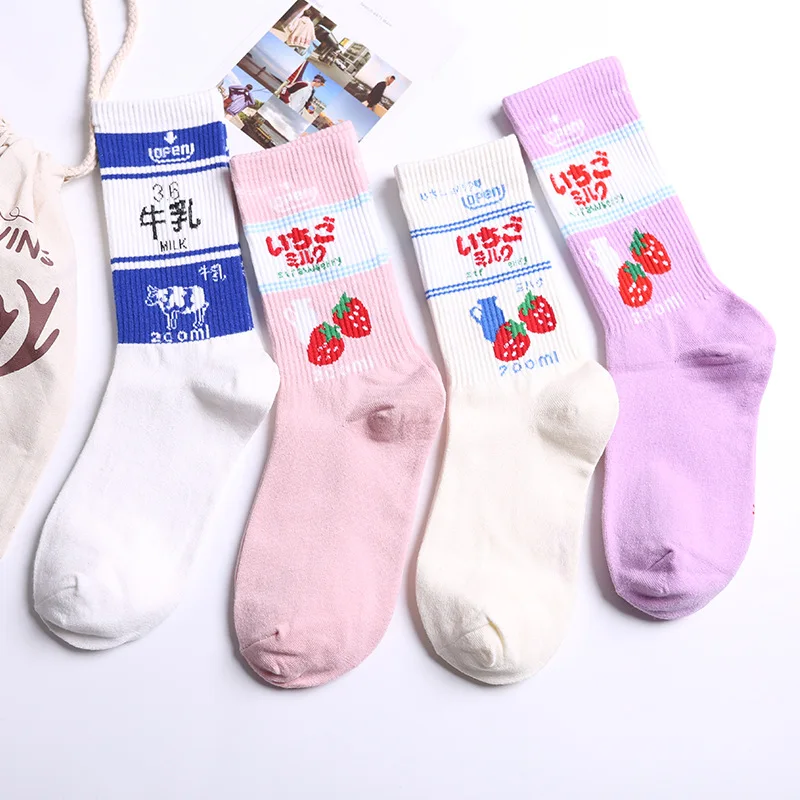 GUIME HOUSE Art, хлопковые забавные носки с принтом, милые женские носки с клубничкой, Kawaii, жаккардовые милые носки Harajuku Sokken