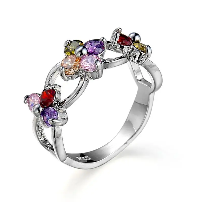 Top Quality Authentic Silver Color Plum Flower Ring Micro Pave Multicolor CZ Women Party Wedding Jewelry Gifts Wholesale | Украшения и