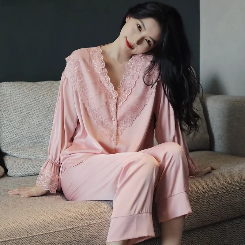 Lace Pj's 2PCS Sleepwear Women Satin Pajamas Suit Summer Pyjamas Casual Intimate Lingerie Long Sleeve Shirt&Pants Lounge Wear