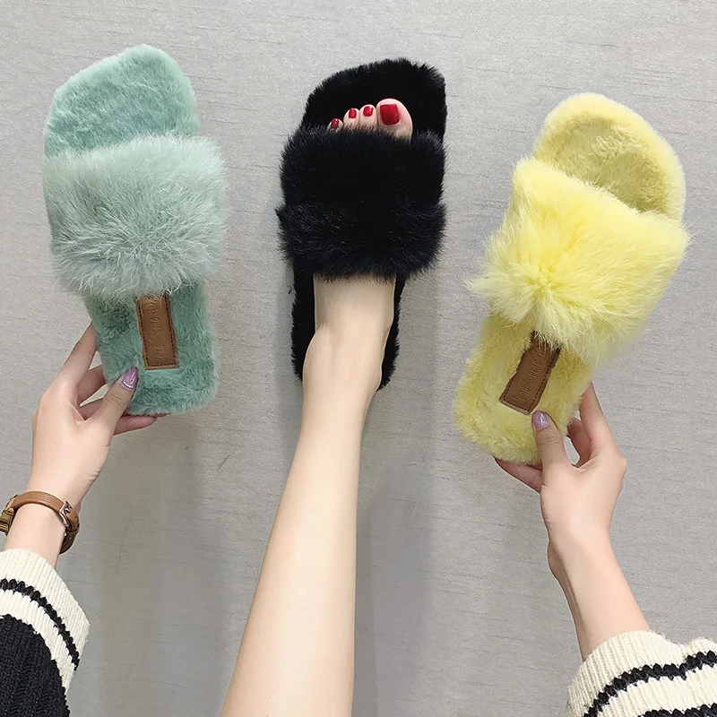 

Shoes Without Heel Luxury Slides Slippers Fur Shose Women Flat Designer Soft Plush 2019 Autumn Rome Fashion with fur