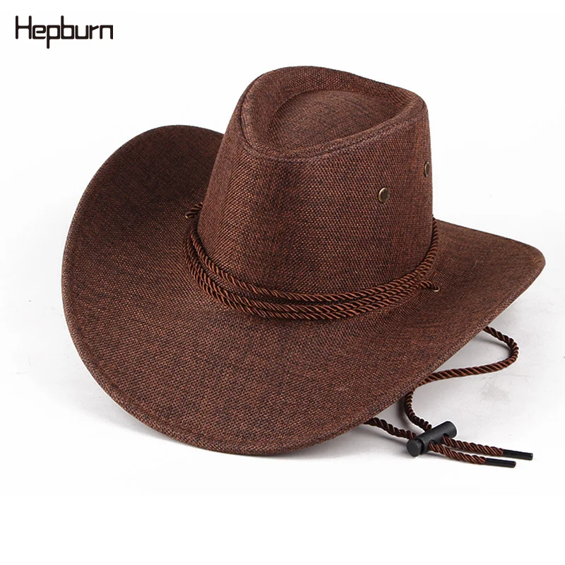 

Hepburn Brand cowboy hat men/women outdoor Visor Wide Brim Caps flax cowboy hat lacing waterproof Sunscreen Ranch sun hat
