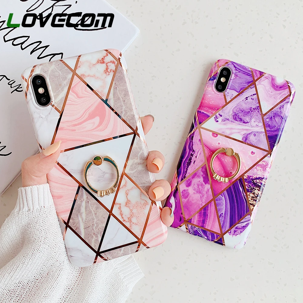 Чехол для телефона LOVECOM для iPhone 11 Pro XR XS Max 6 6S 7 8 Plus X Мягкая Гальваническая мраморная задняя крышка с кольцом на палец