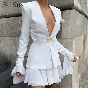 

Elegant 2 Piece Set Ruffles Mesh Cuff Blazer Women Deep V-Neck Top&Skirt Suit White Black Outfits Jacket Office Lady Vestidos