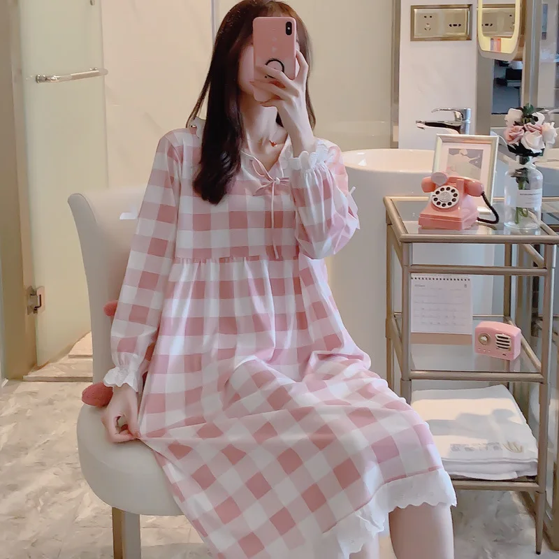 

Nightgown Women's Spring And Autumn Long Sleeve Pure Cotton Korean-style Princess Style Long Skirts Sweet Lace Pajamas-Outer Wea
