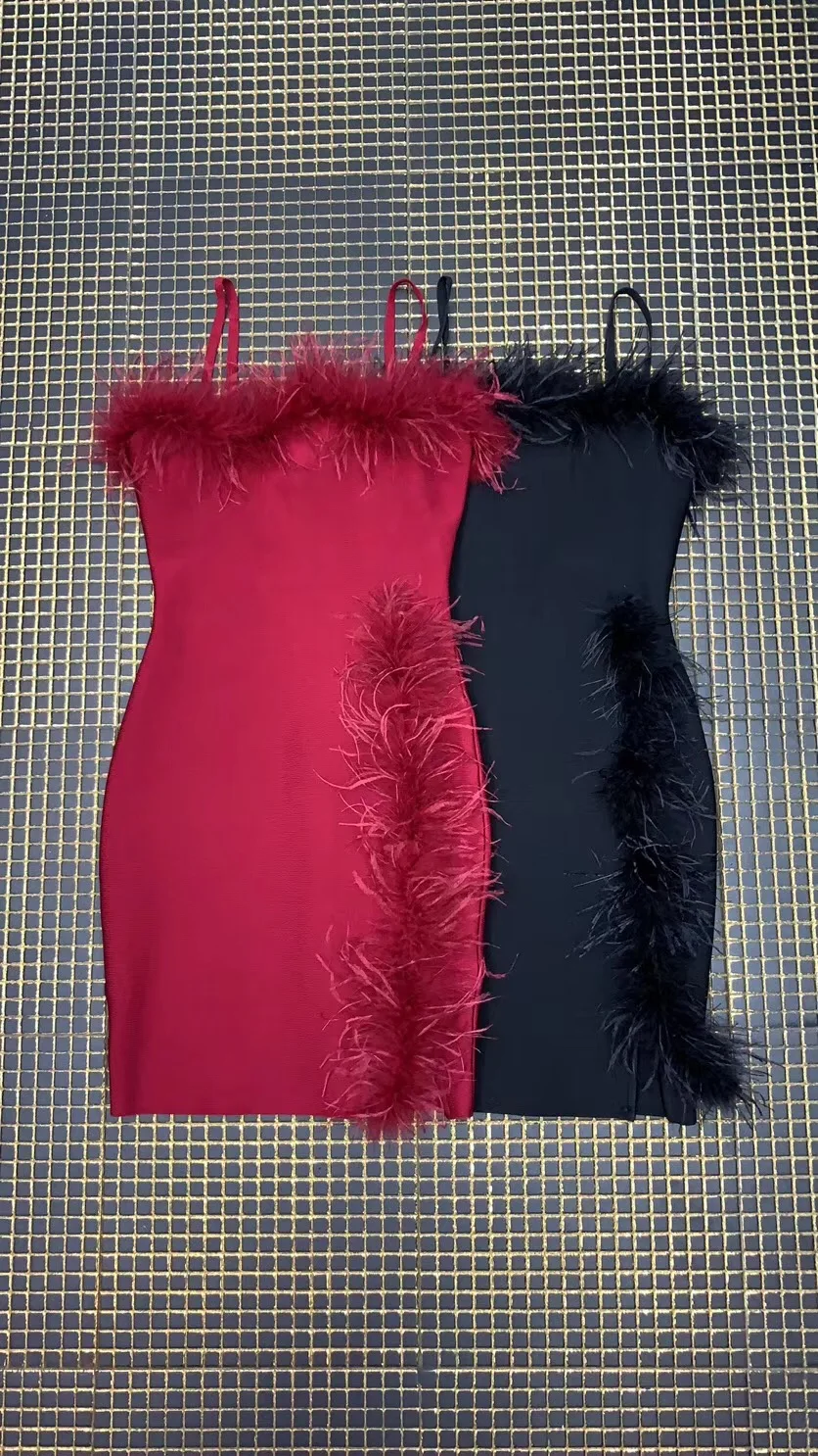 Simly Tara летнее элегантное женское мини платье для вечеринки vestidos без бретелек Spaghettlli ремень перья Красное Облегающее Бандажное платье