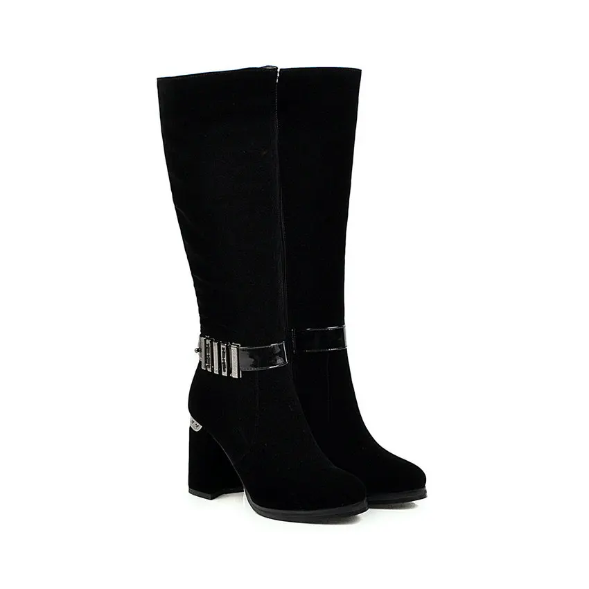 QUTAA/Сапоги до колена на высоком квадратном каблуке в западном стиле новая осенне-зимняя женская обувь из флока с острым носком на молнии размеры 34-43