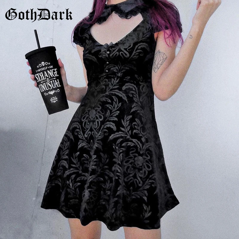 

Goth Dark Gothic Velvet Vintage Black Women Dresses Short Sleeve With Lace Patchwork Summer Dress Hollow Out Neck Partywear 2020