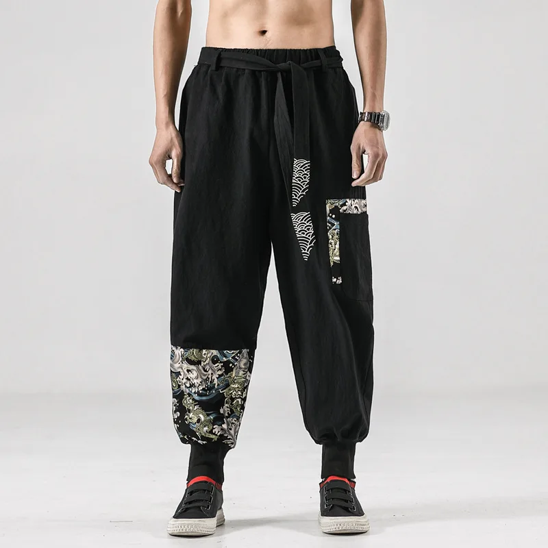 

Men Cotton Linen Samurai Costume Japanese Print Wave Belt Pants Retro Harem Pants Haori Trousers Harajuku Hip Hop Clothes 5XL