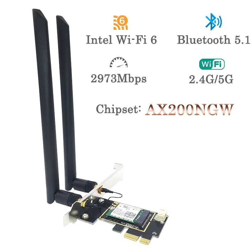 

Wifi 6 PCI-e Network Card 2973Mbps Dual Band 5G 2.4G 802.11AX Bluetooth 5.1 Wireless Wifi6 PCI Express Antenna For Intel AX200