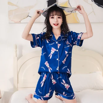 

2 Pcs Short Sleeve&Pants Pajamas For Women Soft Smooth Silk Made Casual Summer Pyjamas For Girl Loose Sleepwear Indoor Wear