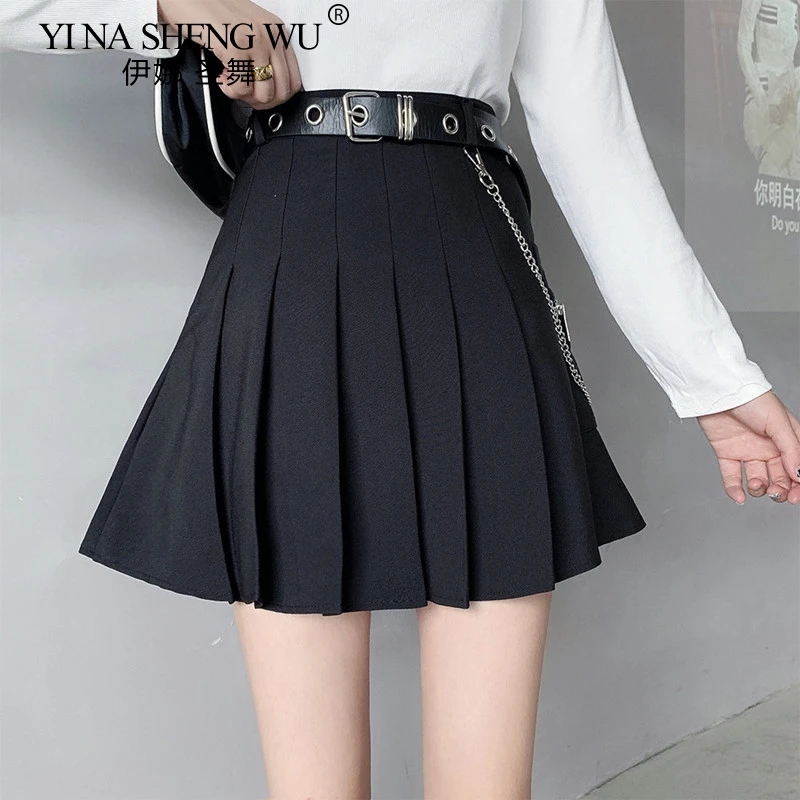 

New Japanese Jk Skirt Women High Waist Belt Chain Short Mini Skirt Girl Sexy Punk Black school Uniforms Skirt All-match Skirt