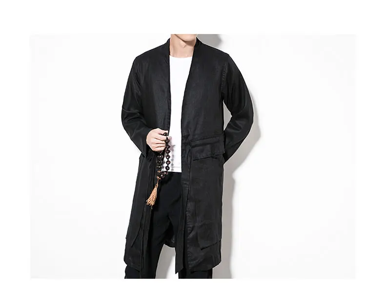 Ветровка Осенняя Длинная черная простая дизайнерская Льняная мужская ветровка в китайском стиле простое длинное пальто