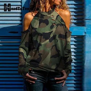

Camouflage Cold Shoulder Distress Design Casual Blouse