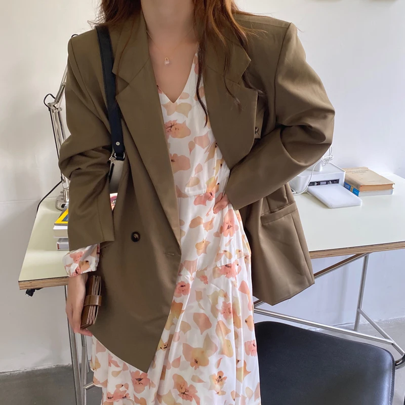 

Vintage Notched Collar Single Button Women Blazer Winter Fashion Loose Suit Jacket Khaki Female Outwear 2020 JK551