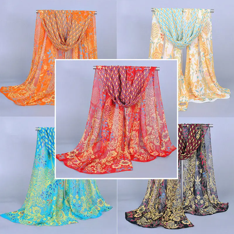 

2019 Boho Women Ladies Chiffon Floral Scarf Feather Soft Wrap Long Shawl NEW