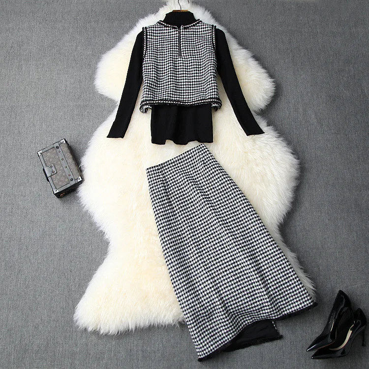 Женский осенне-зимний черно-белый жилет с геометрическим рисунком короткий топ+ трикотажные пуловеры+ Асимметричная юбка элегантный офисный комплект из 3 предметов