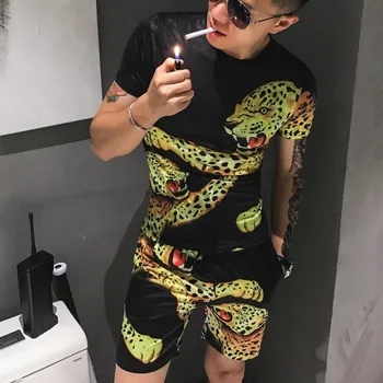 

Fashion New Pattern Leopard Design Pattern Short Sleeve T Shirt Suit 2-piece Set Summer Male Slim Fit Short+TShirt Ropa Hombre