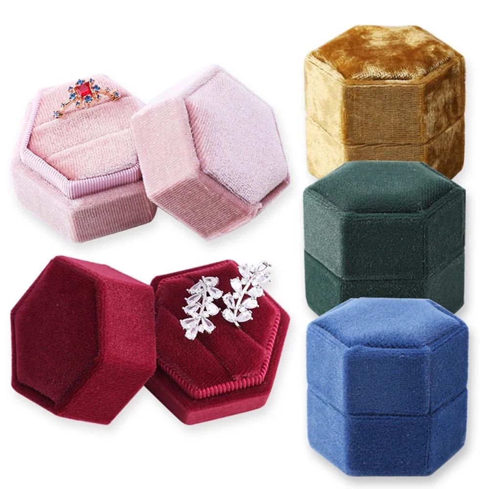 Hexagon Shape Velvet Jewelry Box 5 Color Double Ring Storage Case Wedding Ring Display For Woman Gift Earrings Package high quality luxurious white pu earrings jewellery display ring tray necklaces holder various models for woman option wholesale