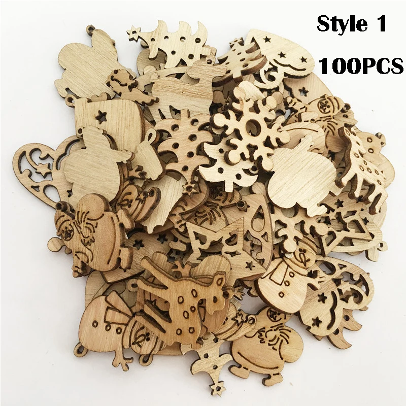 50/100Pcs Рождественская елка деревянный декор Подвески Рождественское украшение Санты для дома Санта Клаус Рождественский деревянный декор с утолщённой меховой опушкой - Цвет: Style 1 100PCs