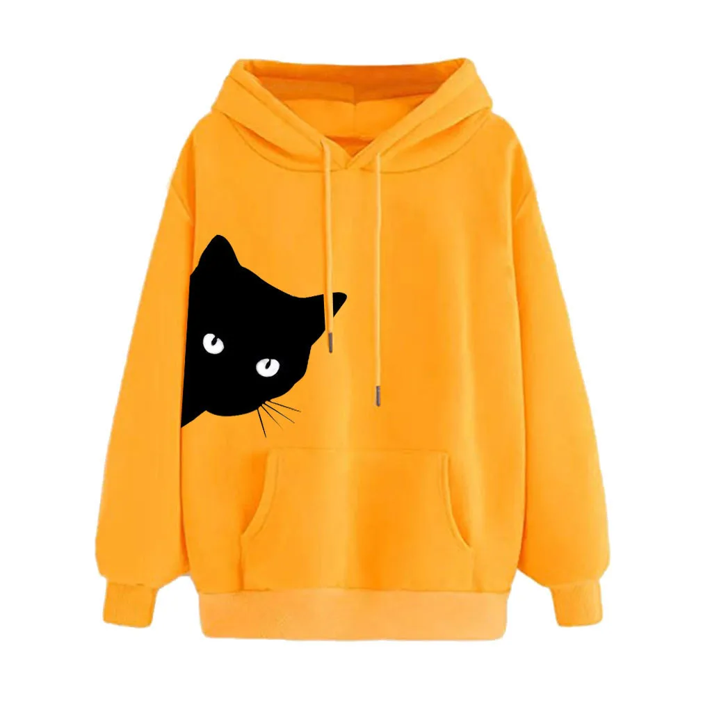 

Women Cat Print Hoodies Drawstring Long Sleeve Casual Yellow Hoodie Casual Autumn Pullover Top Blouse Moletom Feminino Inverno