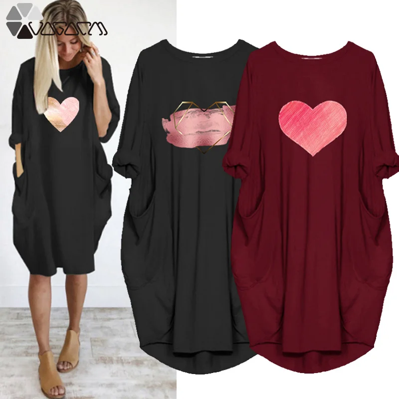 

Plus Size Women Midi Dresses Simple Love Print Loose Long Sleeve o Neck Autumn Party Club Vintage Vestidos Robe Femme Streetwear