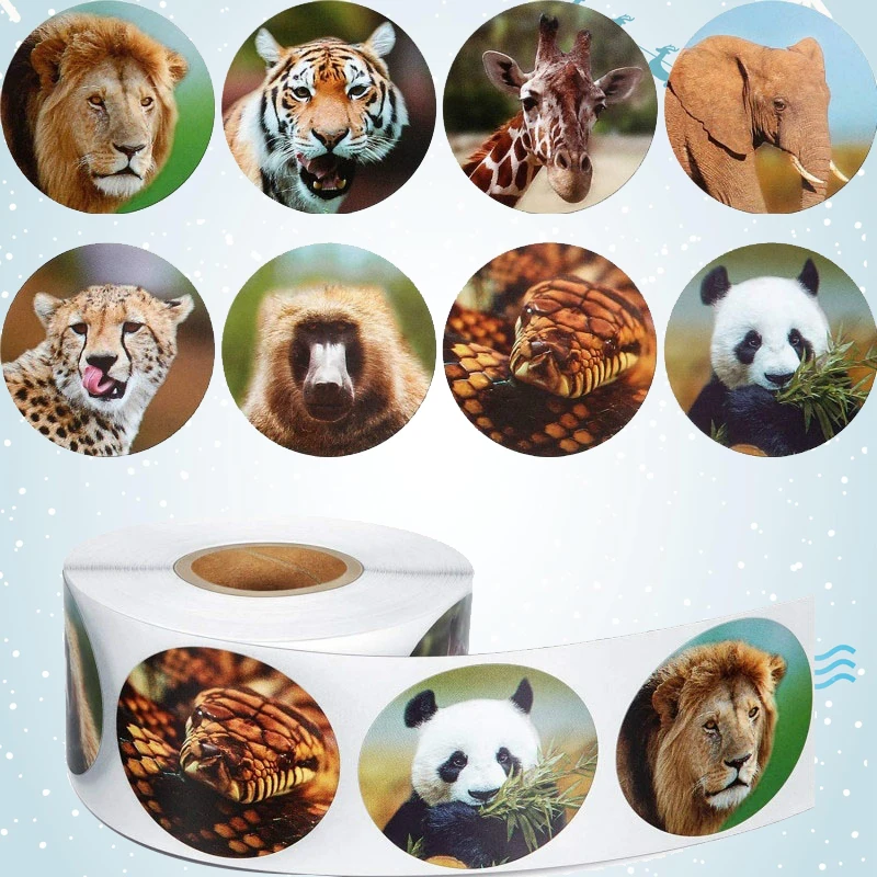 

500 PCS Zoo Animals Round Cute 8 Animal Stickers with Tiger lion hippo zebra Label School Stationery Sticker for kids