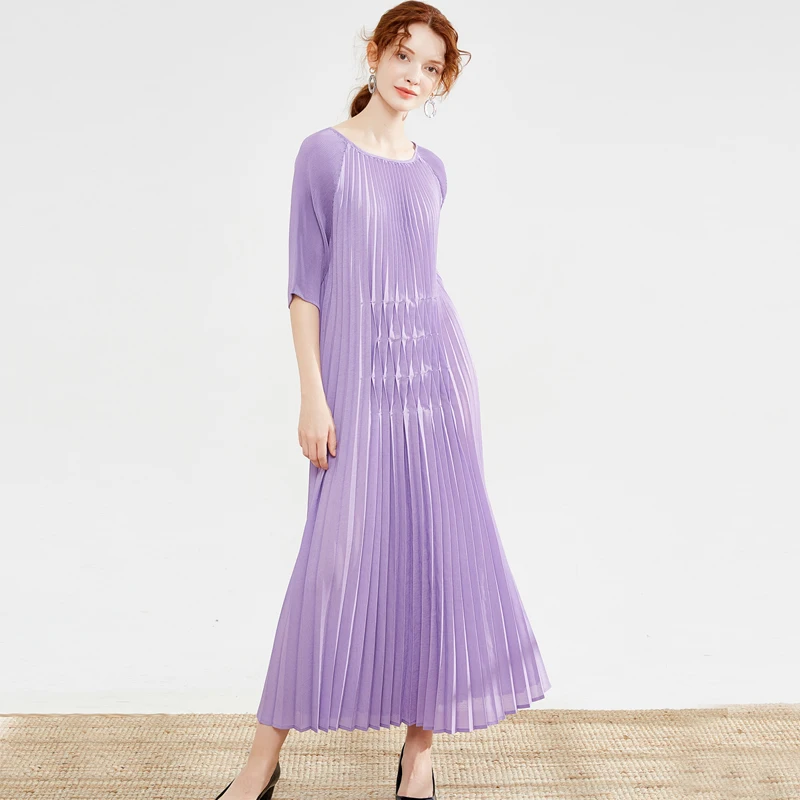 Новинка, Miyake fold, летнее модное платье с рукавами, с камнями, свободный размер, для девушек, темпераментное, плиссированное платье, TP5147