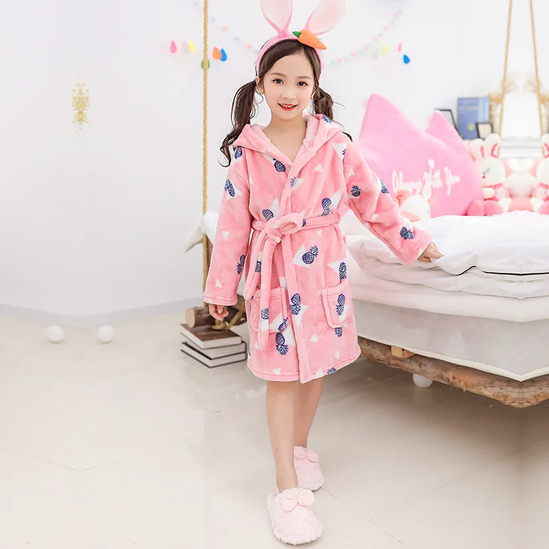 Cartoon Children Flannel Pajamas Boys Girls Robes Soft Thicken Hooded Bath Robes Long Sleeve Warm Lovely Child Home Clothing